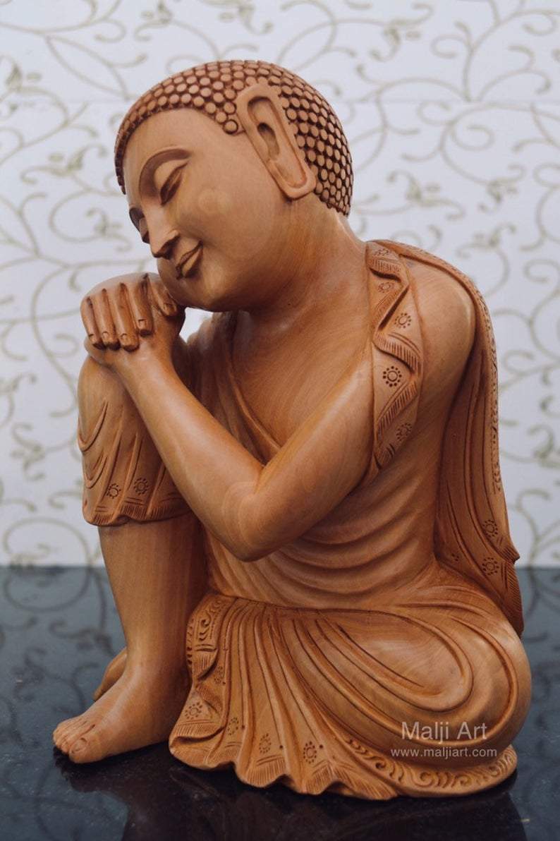 Fine Wood Carved Smiling Resting Buddha Statue - Malji Arts