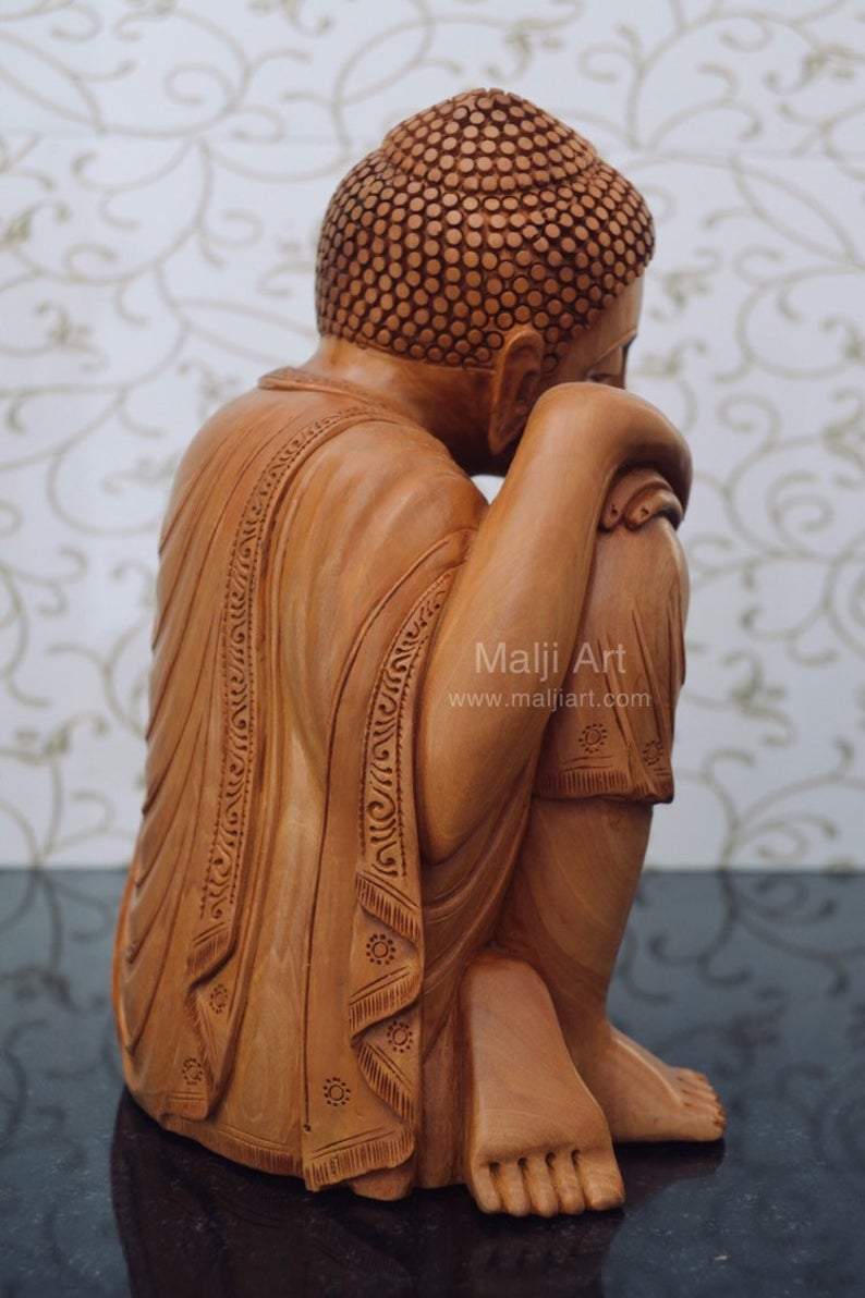 Fine Wood Carved Smiling Resting Buddha Statue - Malji Arts