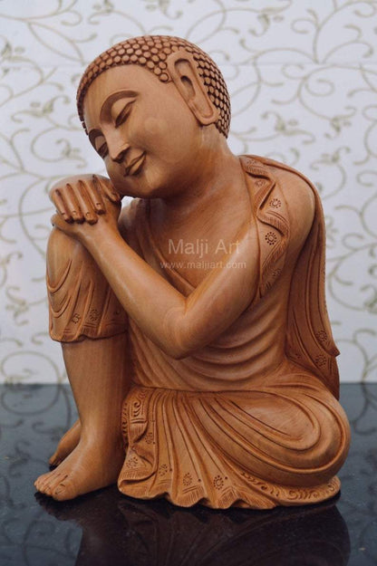 Fine Wood Carved Smiling Resting Buddha Statue - Malji Arts