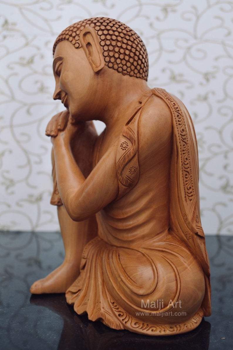 Fine Wood Carved Smiling Resting Buddha Statue - Malji Arts