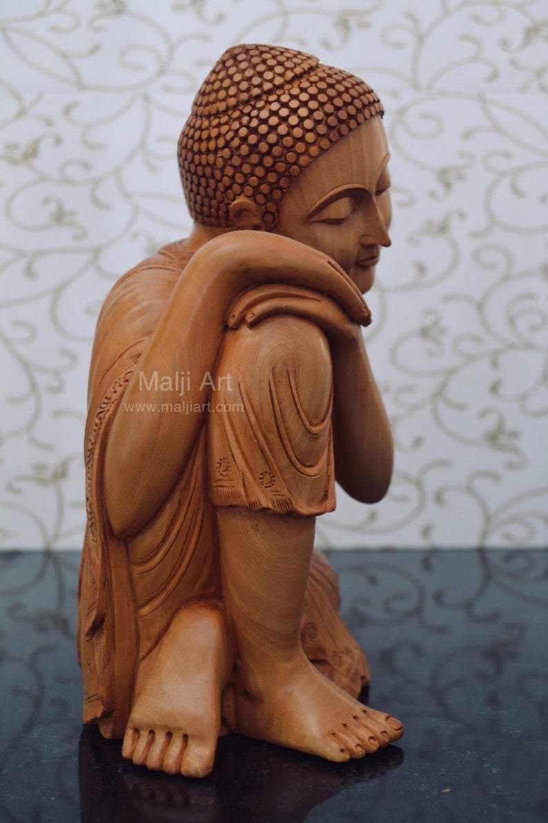 Fine Wood Carved Smiling Resting Buddha Statue - Malji Arts