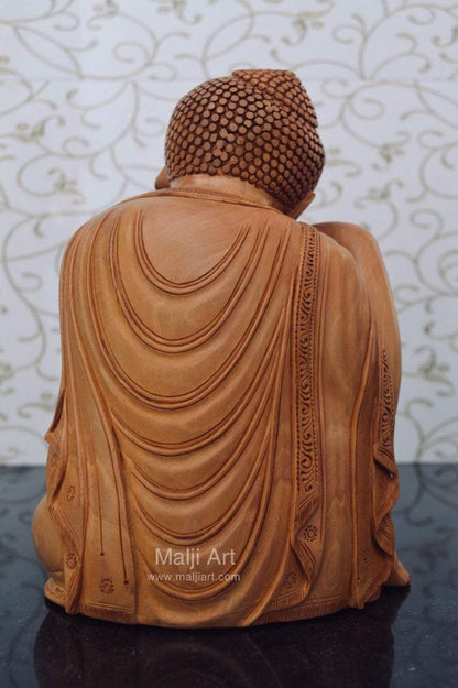 Fine Wood Carved Smiling Resting Buddha Statue - Malji Arts