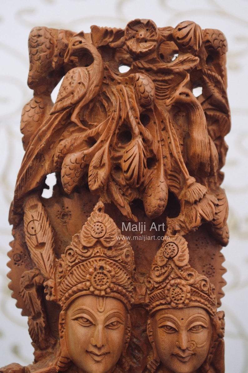 Sandalwood Fine Carved Radha Krishna Under Tree - Malji Arts