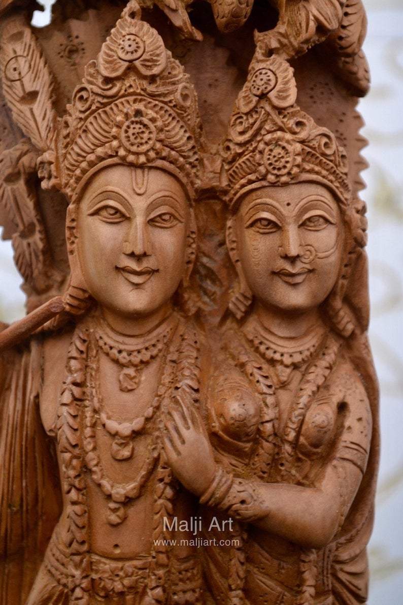 Sandalwood Fine Carved Radha Krishna Under Tree - Malji Arts