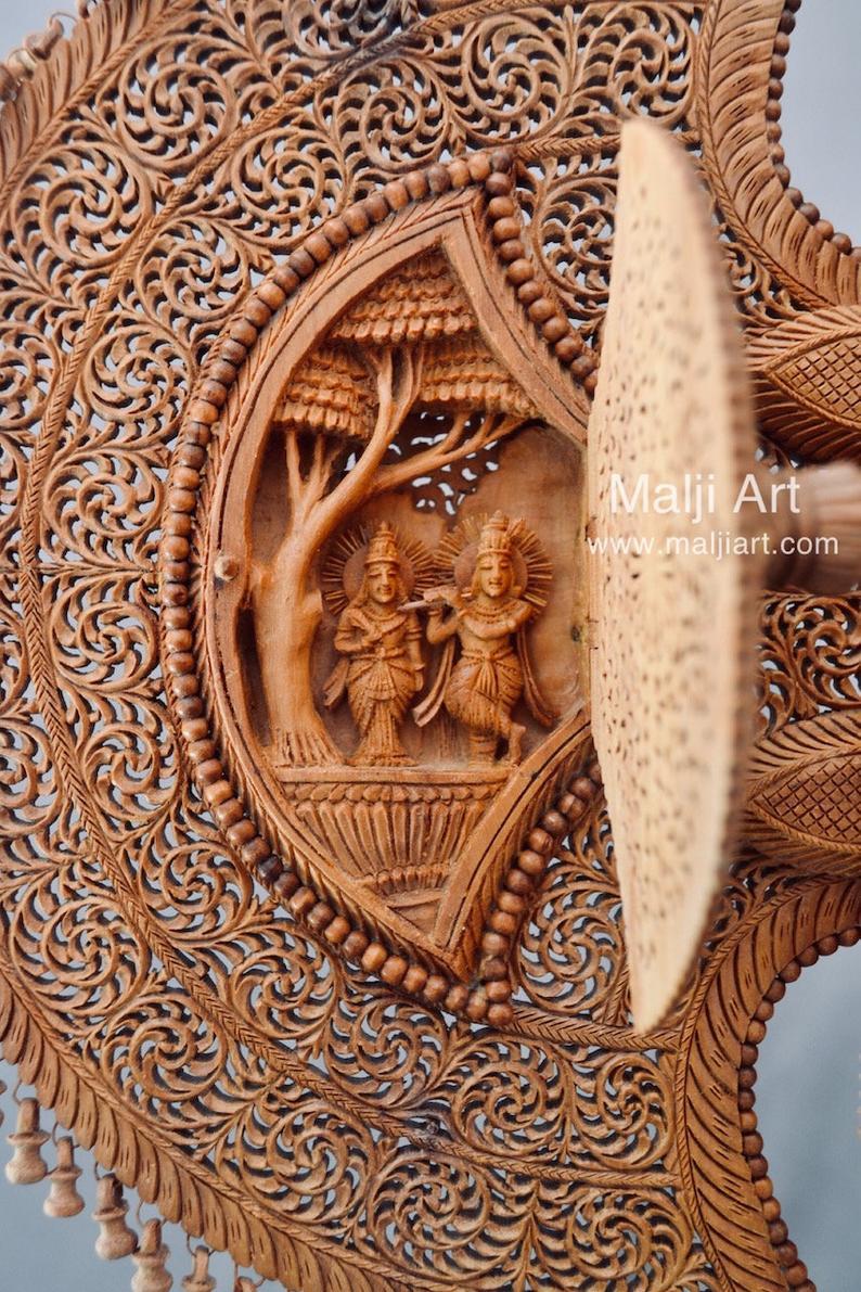 Sandalwood Unique Beautiful Krishna Collective Miniature Carved Hand Fan - Malji Arts