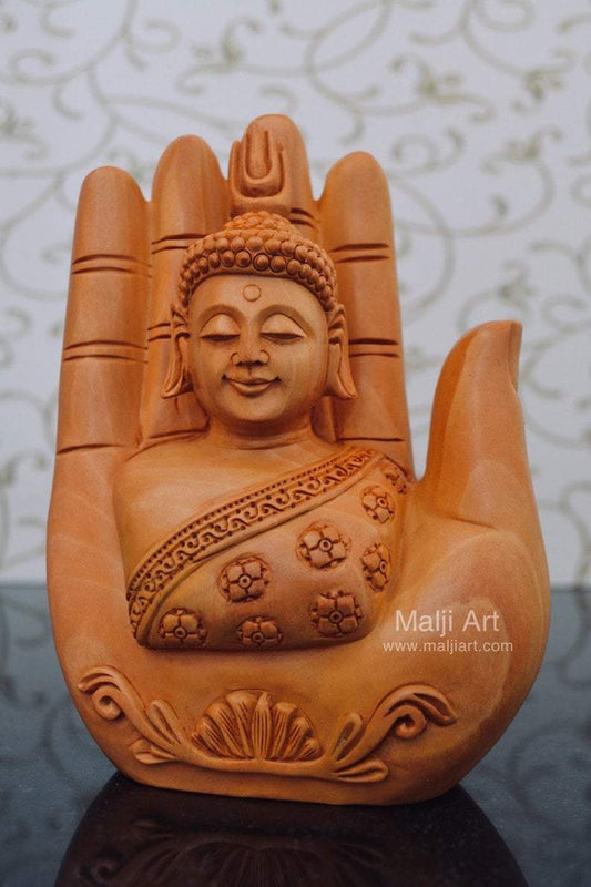 Wood Carved Super Fine Buddha in Palm Good Luck Statue - Malji Arts