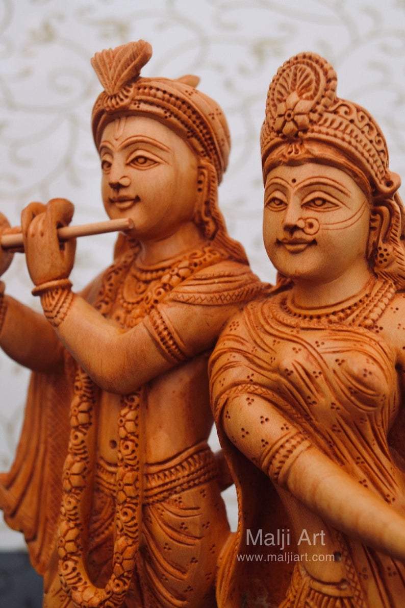 Wooden hand carved radha krishna statue - Malji Arts
