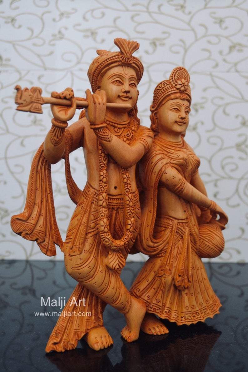 Wooden hand carved radha krishna statue - Malji Arts