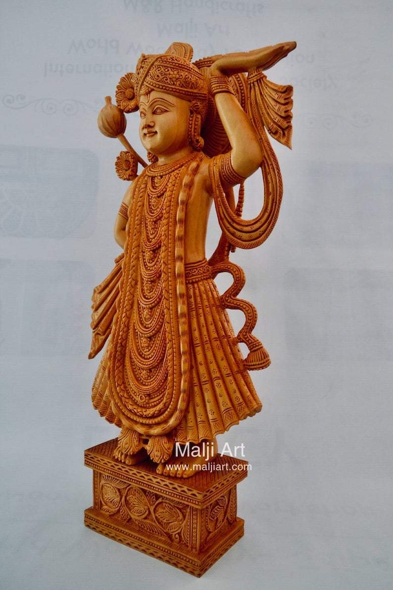 Wooden Fine Hand Carved Lord Shrinath Ji Statue - Malji Arts