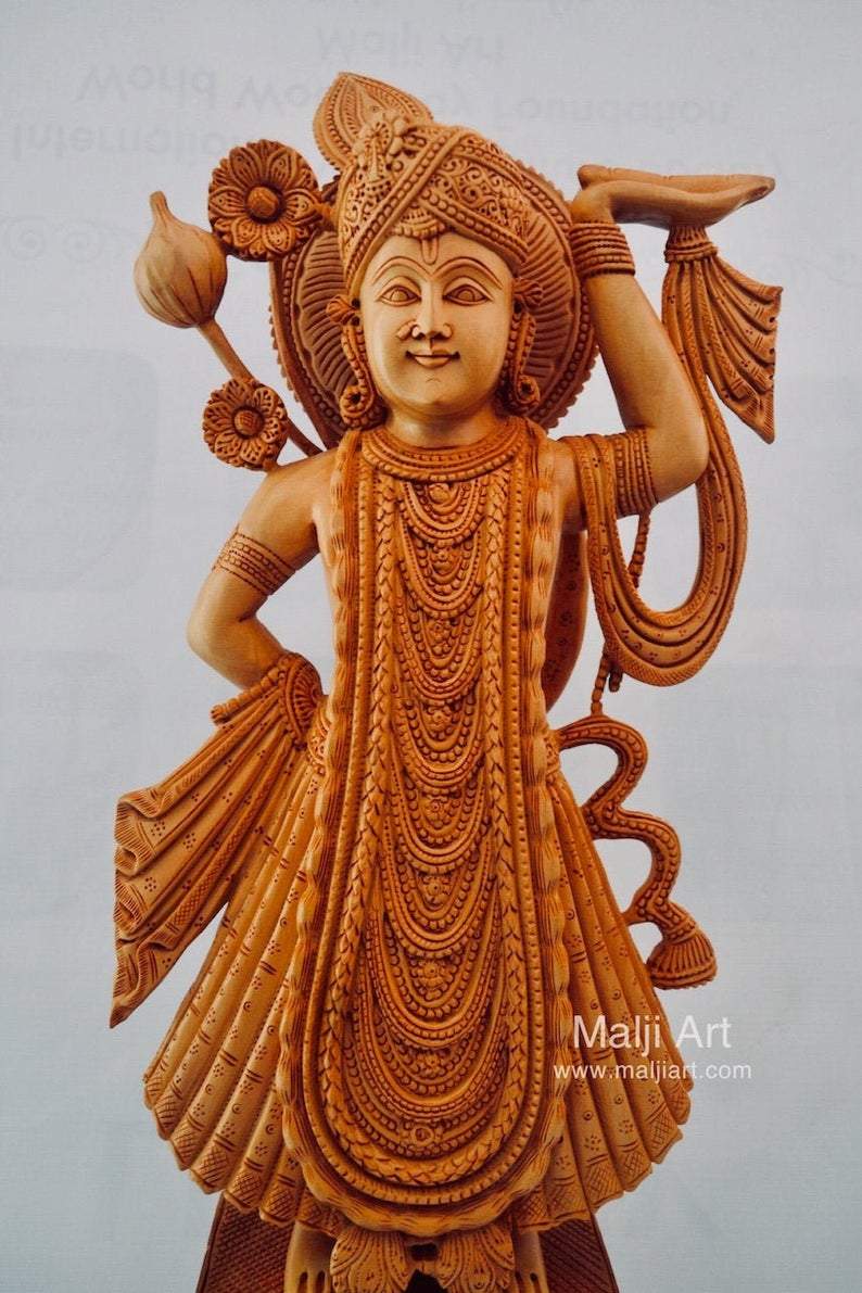 Wooden Fine Hand Carved Lord Shrinath Ji Statue - Malji Arts