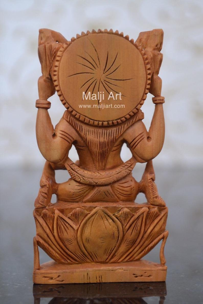 Hand Carved Sandalwood Small Statue of Goddess Laxmi - Malji Arts