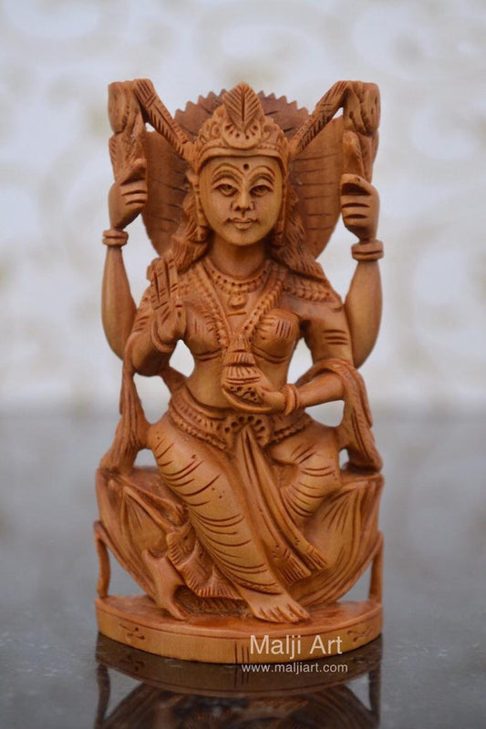 Hand Carved Sandalwood Small Statue of Goddess Laxmi - Malji Arts