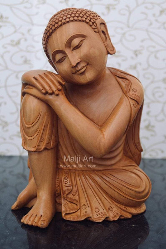 Fine Wood Carved Smiling Resting Buddha Statue - Malji Arts