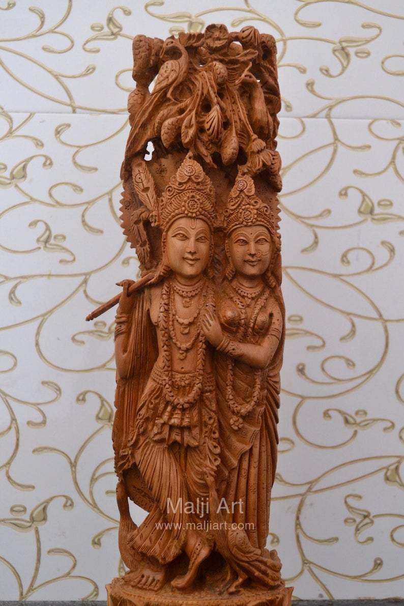 Sandalwood Fine Carved Radha Krishna Under Tree - Malji Arts