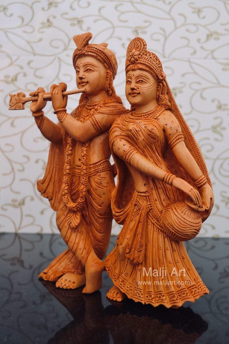 Wooden hand carved radha krishna statue - Malji Arts