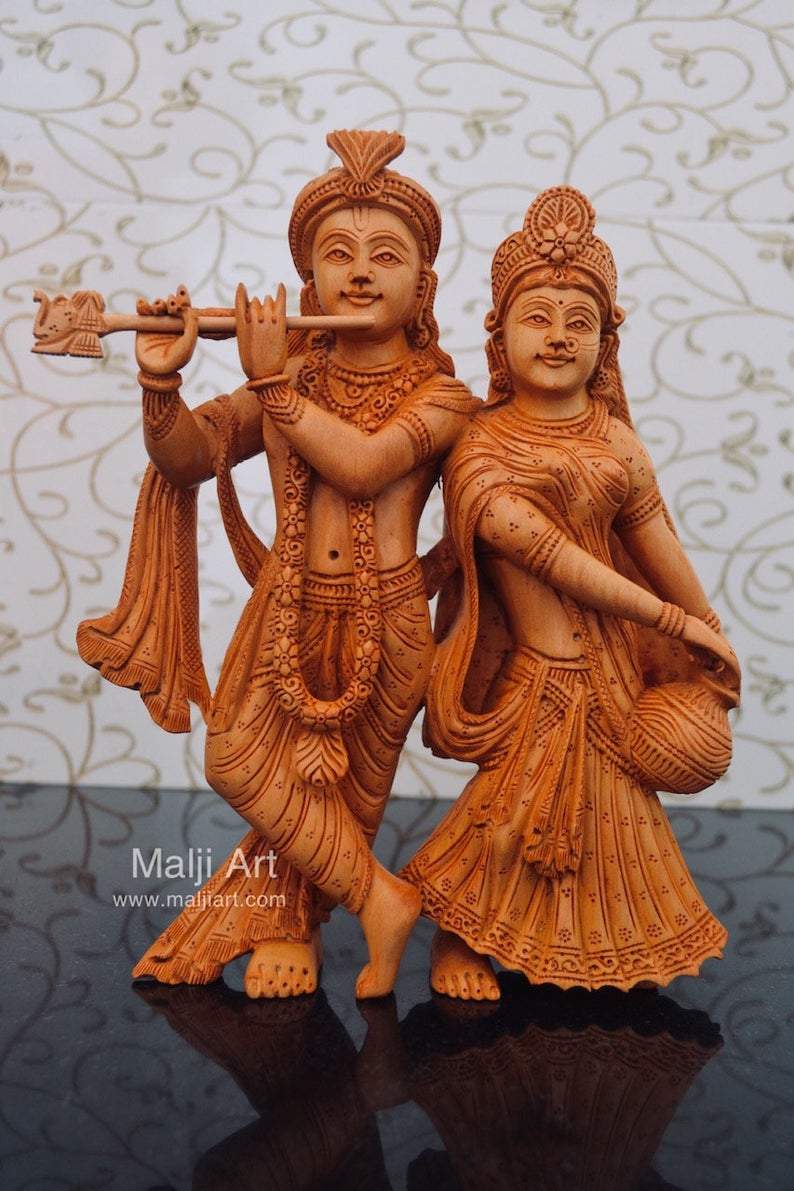 Wooden hand carved radha krishna statue - Malji Arts