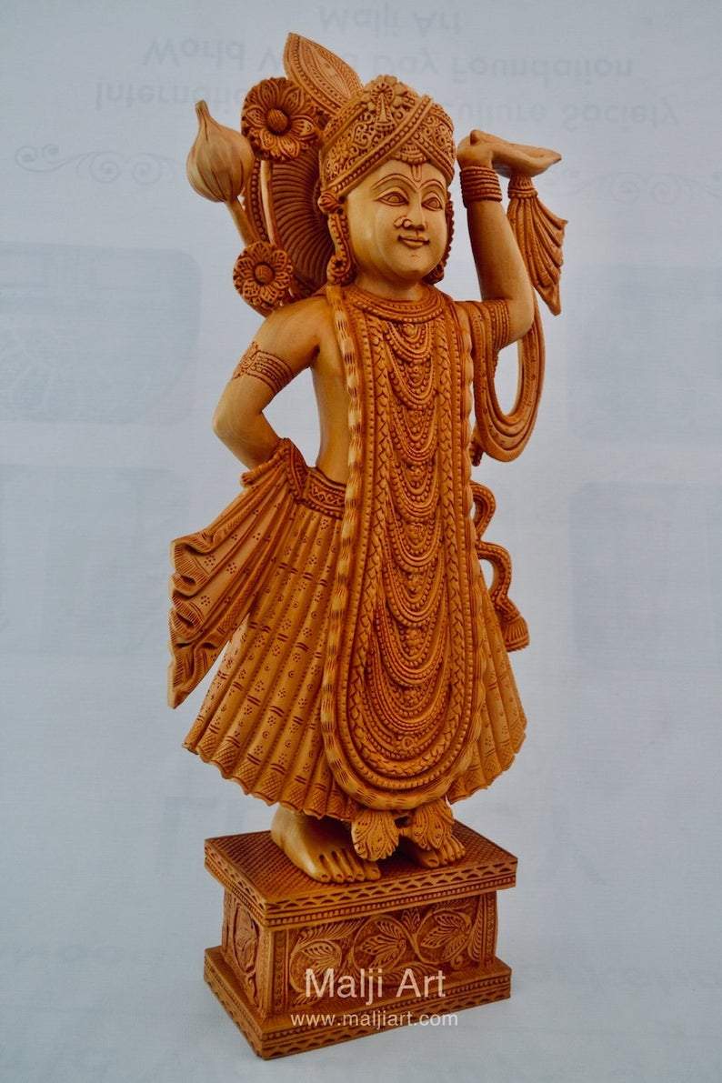 Wooden Fine Hand Carved Lord Shrinath Ji Statue - Malji Arts