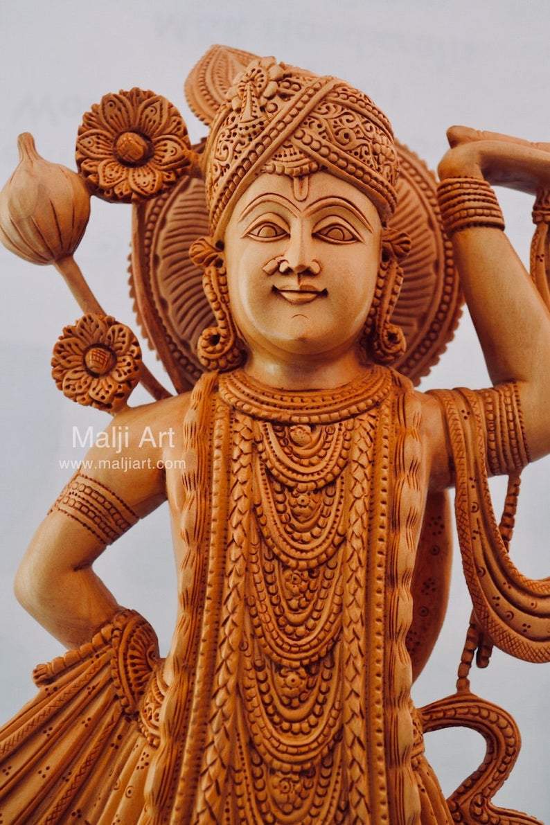 Wooden Fine Hand Carved Lord Shrinath Ji Statue - Malji Arts