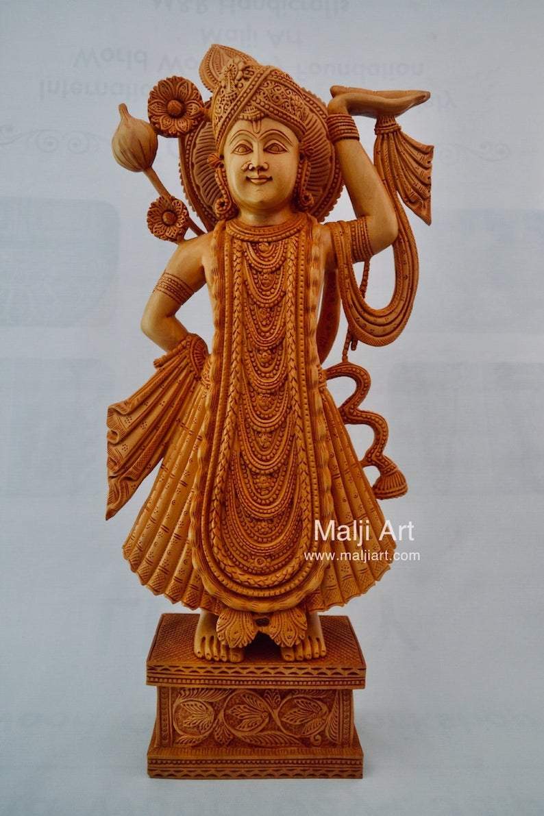 Wooden Fine Hand Carved Lord Shrinath Ji Statue - Malji Arts