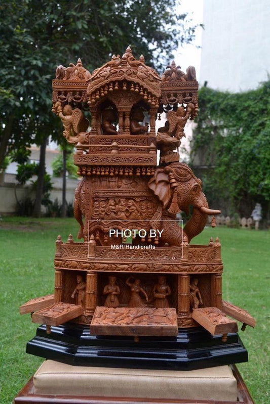 Sandalwood Fine Carved Royal Elephant Ambabari with Opening Base - Malji Arts