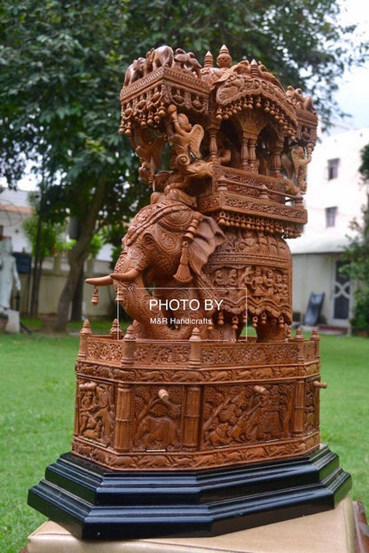 Sandalwood Fine Carved Royal Elephant Ambabari with Opening Base - Malji Arts