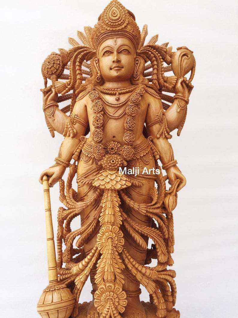 Wooden Fine High Quality Hand Carved Lord Vishnu Statue - Malji Arts