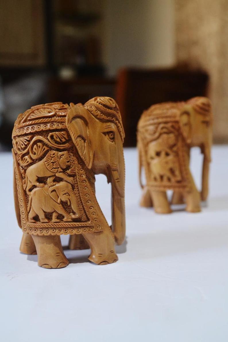 Sandalwood Elephant Pair of 2 Pieces Fine carved Decorative items - Malji Arts