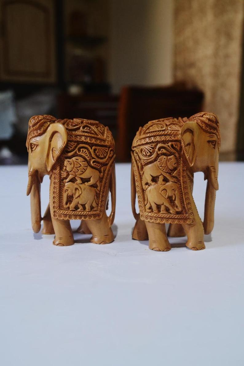 Sandalwood Elephant Pair of 2 Pieces Fine carved Decorative items - Malji Arts