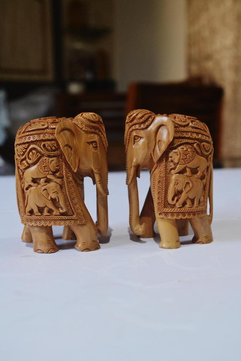 Sandalwood Elephant Pair of 2 Pieces Fine carved Decorative items - Malji Arts