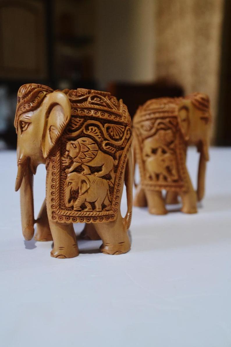 Sandalwood Elephant Pair of 2 Pieces Fine carved Decorative items - Malji Arts
