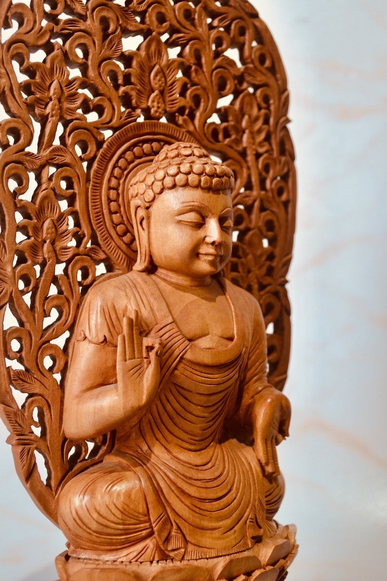 Wooden Fine Carved Buddha Sitting Jali Statue - Malji Arts