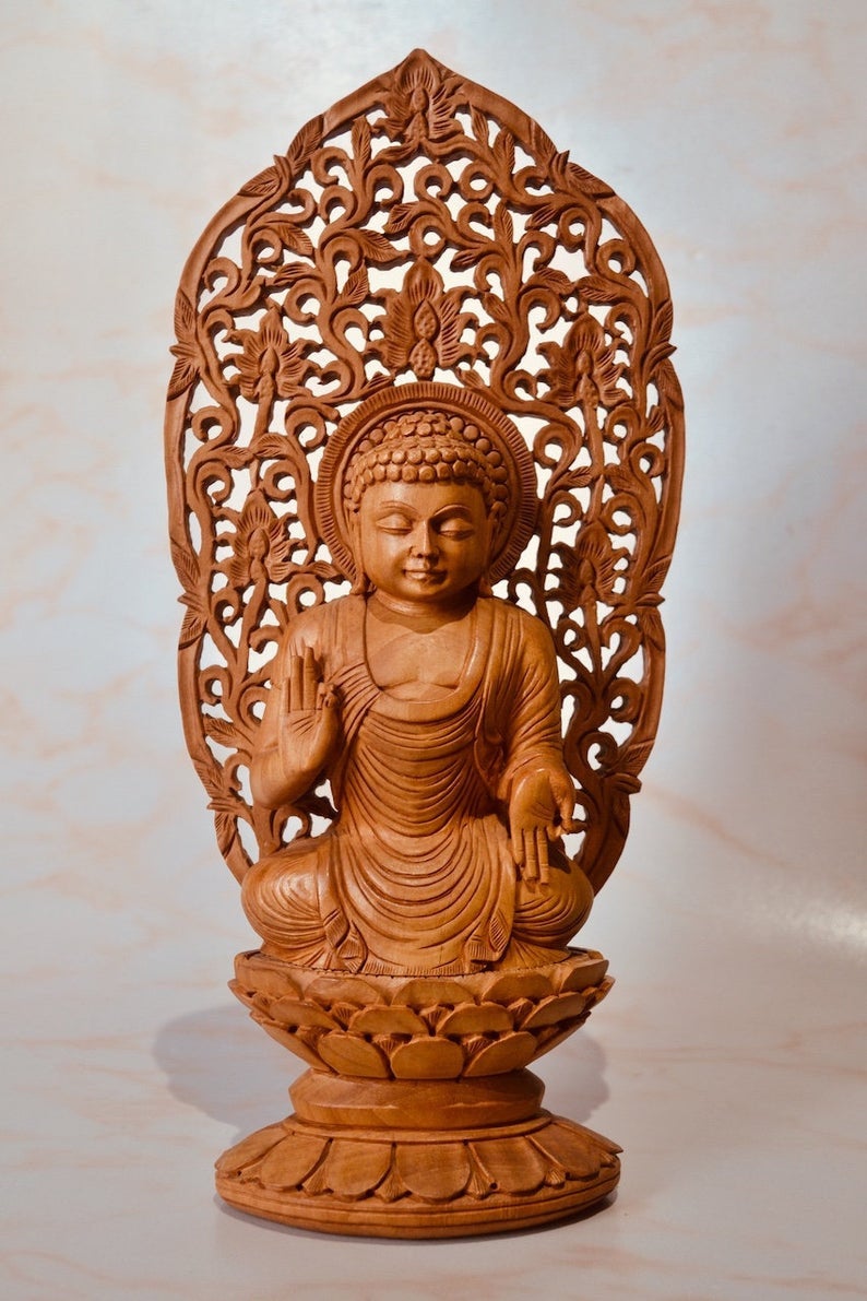 Wooden Fine Carved Buddha Sitting Jali Statue - Malji Arts