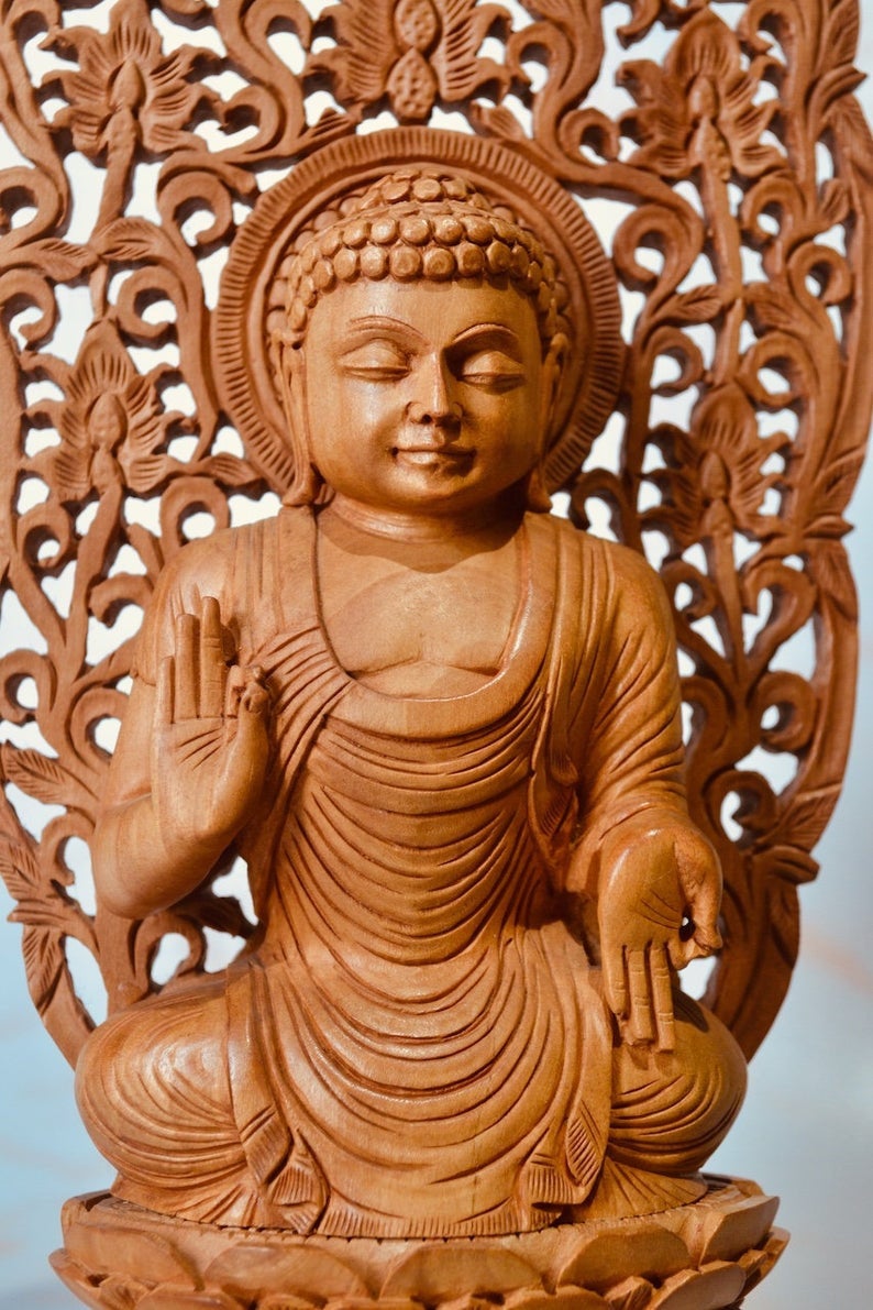 Wooden Fine Carved Buddha Sitting Jali Statue - Malji Arts