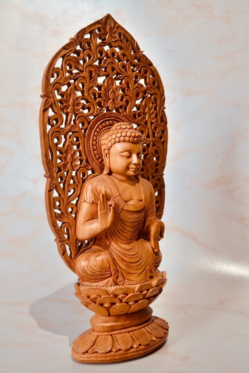 Wooden Fine Carved Buddha Sitting Jali Statue - Malji Arts