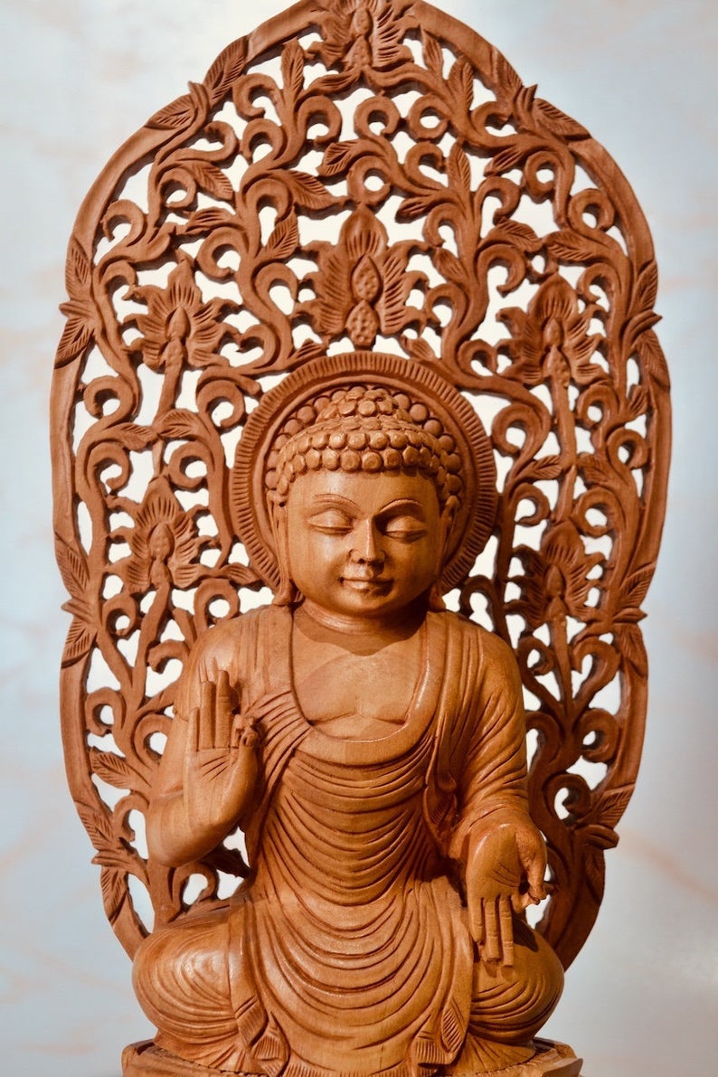 Wooden Fine Carved Buddha Sitting Jali Statue - Malji Arts