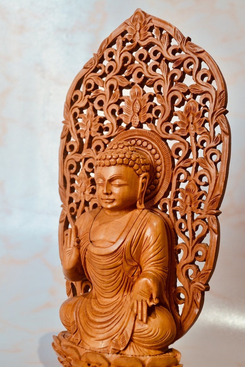 Wooden Fine Carved Buddha Sitting Jali Statue - Malji Arts
