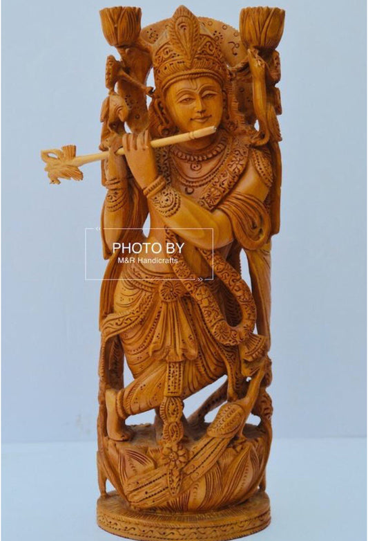 Wooden beautifully hand carved lord Krishna statue - Malji Arts
