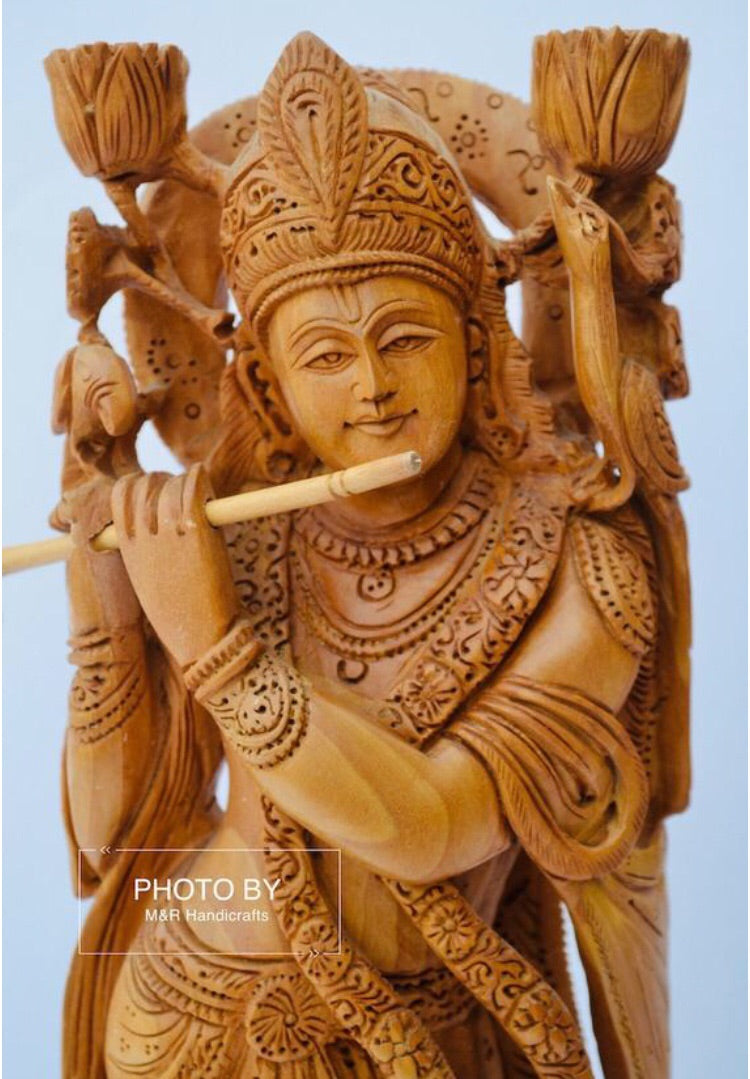 Wooden beautifully hand carved lord Krishna statue - Malji Arts