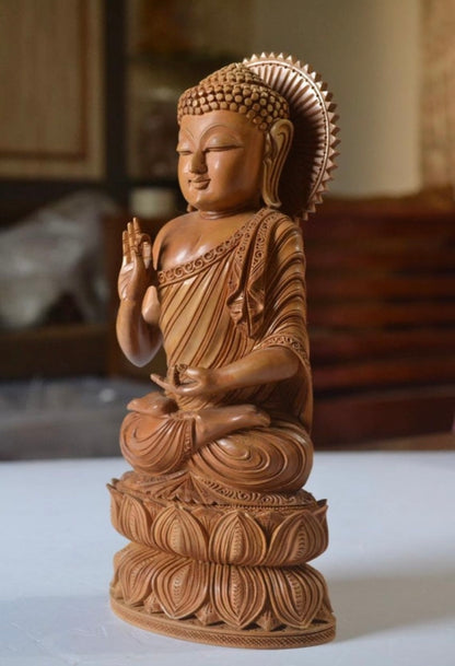 Fine Quality Sandalwood Fine Carved Buddha Sitting Statue - Malji Arts